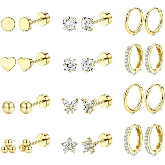 Surgical Steel Flat Back Earrings Set 14K Gold Stud Hoop for Piercings - Picture 1 of 7